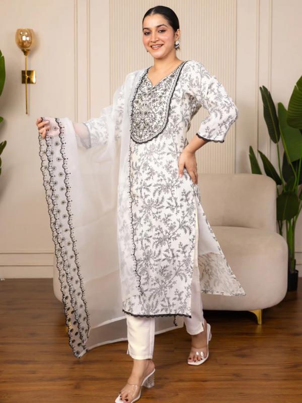 VP 9748 C Cream Silk Blend Kurta with Trousers & Dupatta Suits